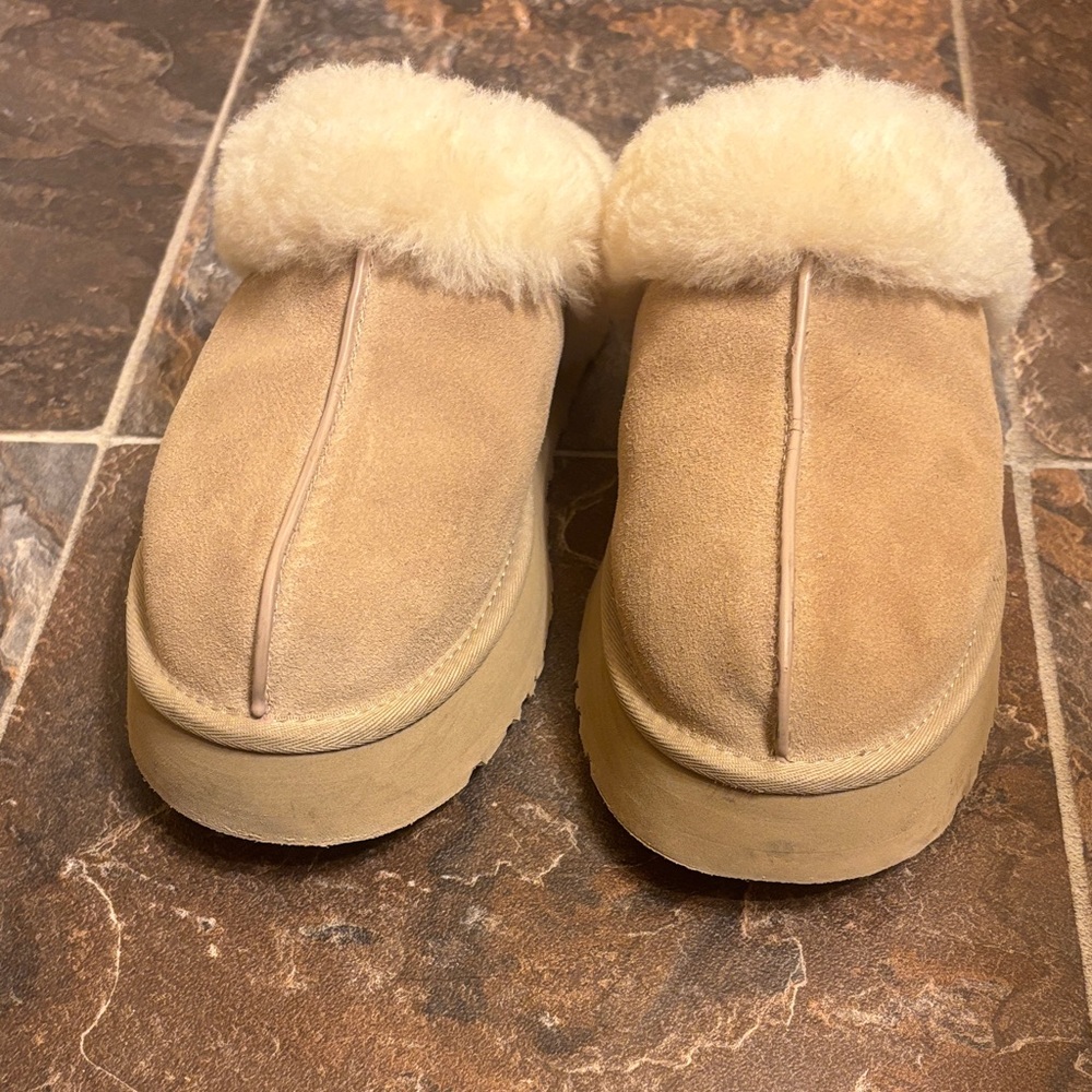 UGG Tan Suede Platform Slippers with Cream Fur